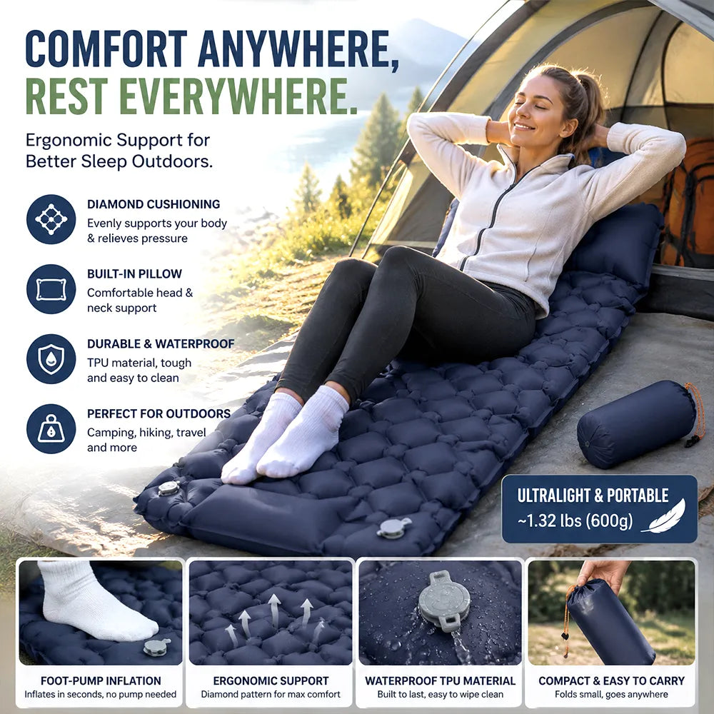 🏕️ Ultralight Self-Inflating Camping Sleeping Pad – Built-in Pump & Pillow
