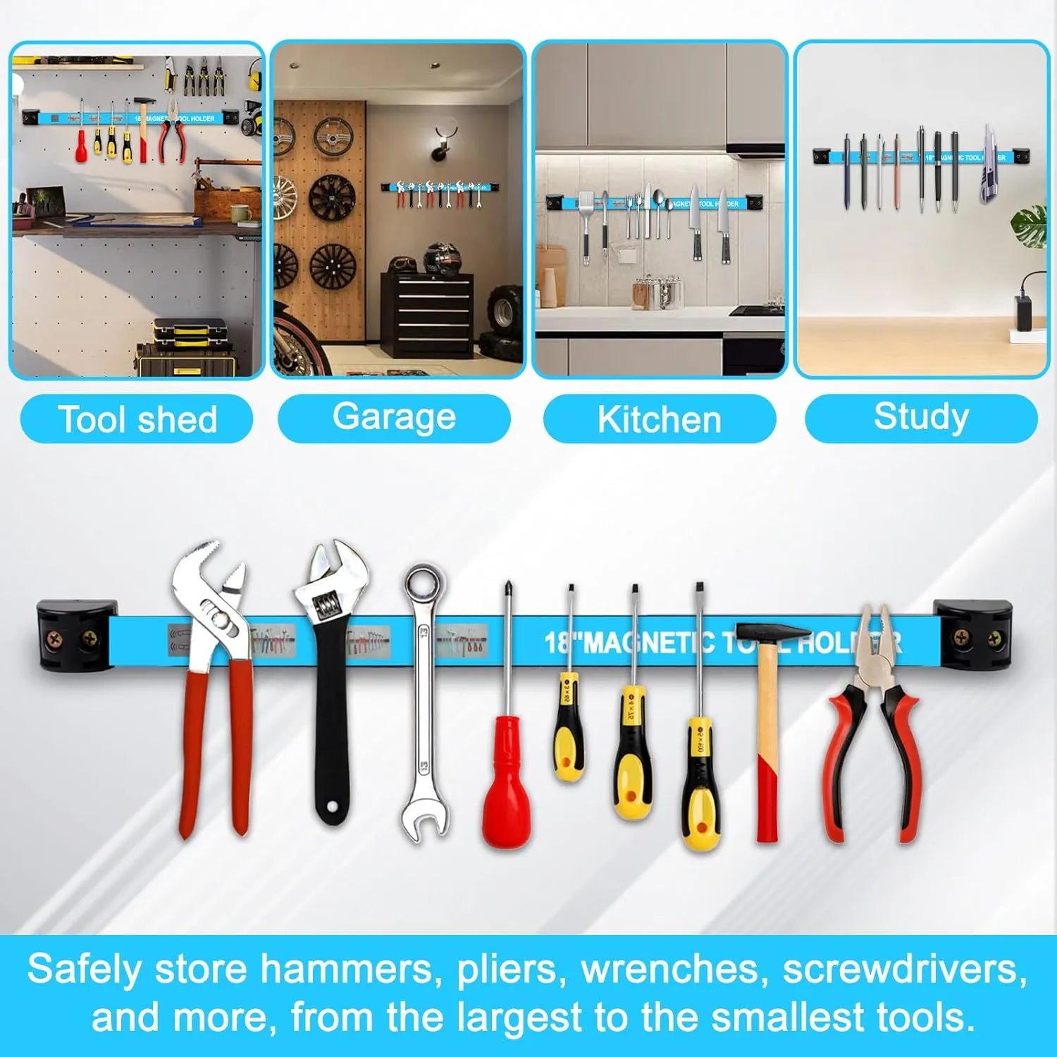 🔧 12" Magnetic Tool Holder – Heavy Duty Wall Mount Bars (Blue)