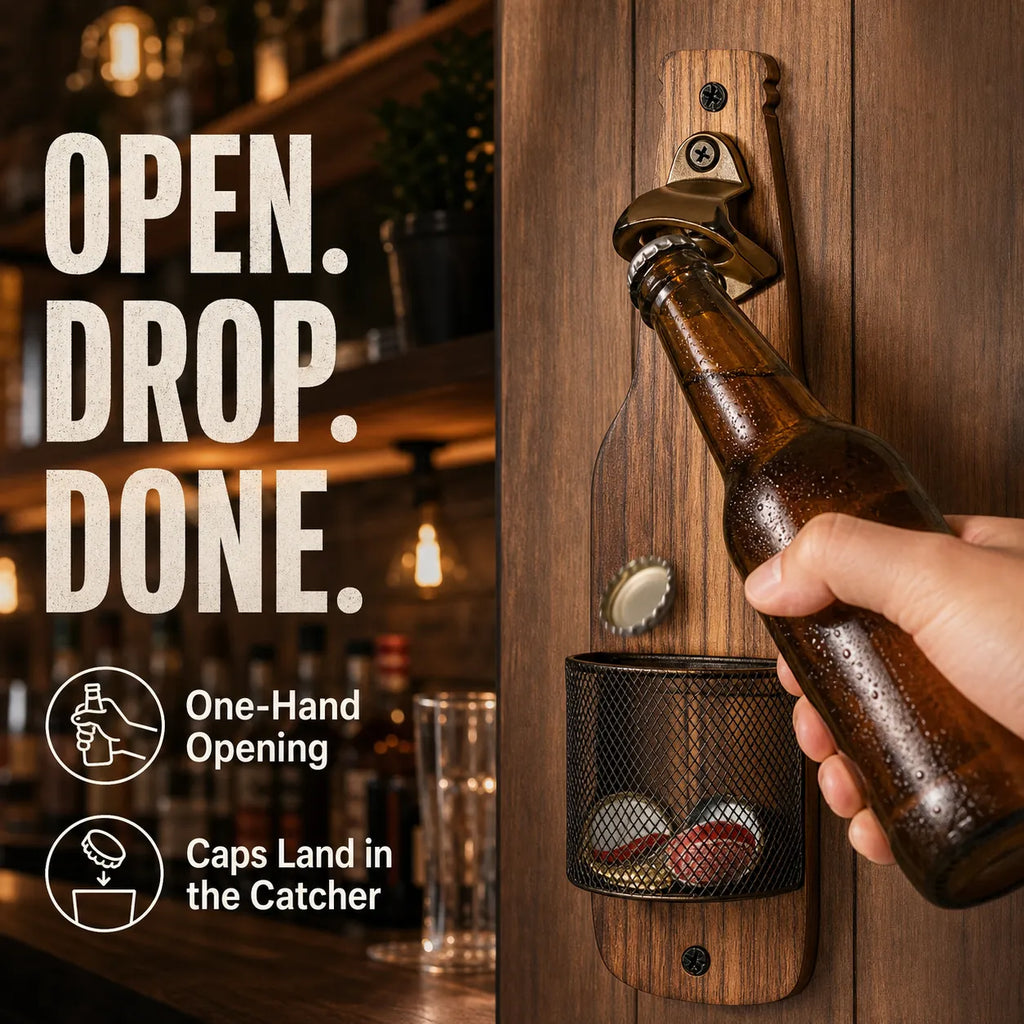 Rustic Wall-Mounted Bottle Opener with Cap Catcher