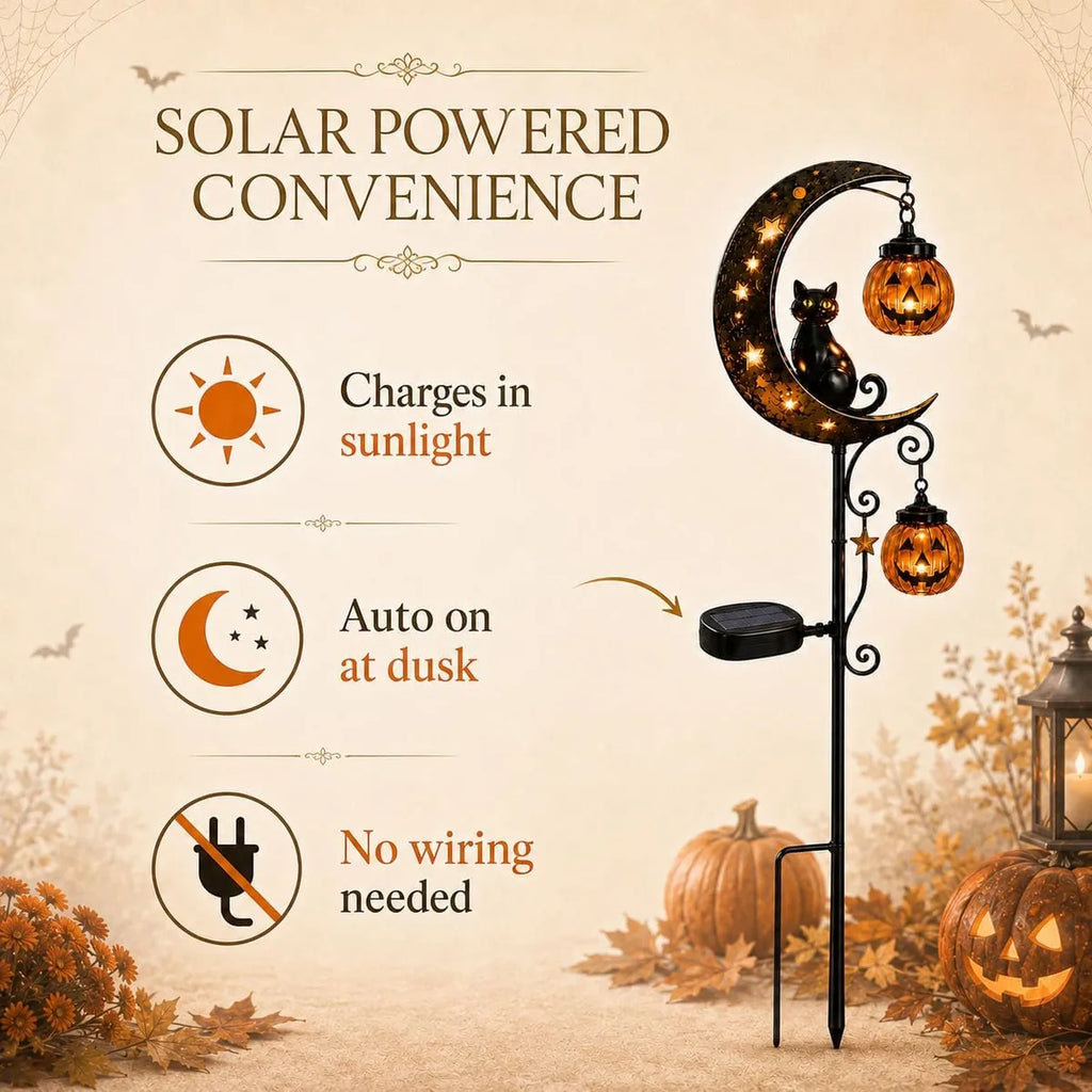 Solar Pumpkin Moon Garden Stake Light with Black Cat