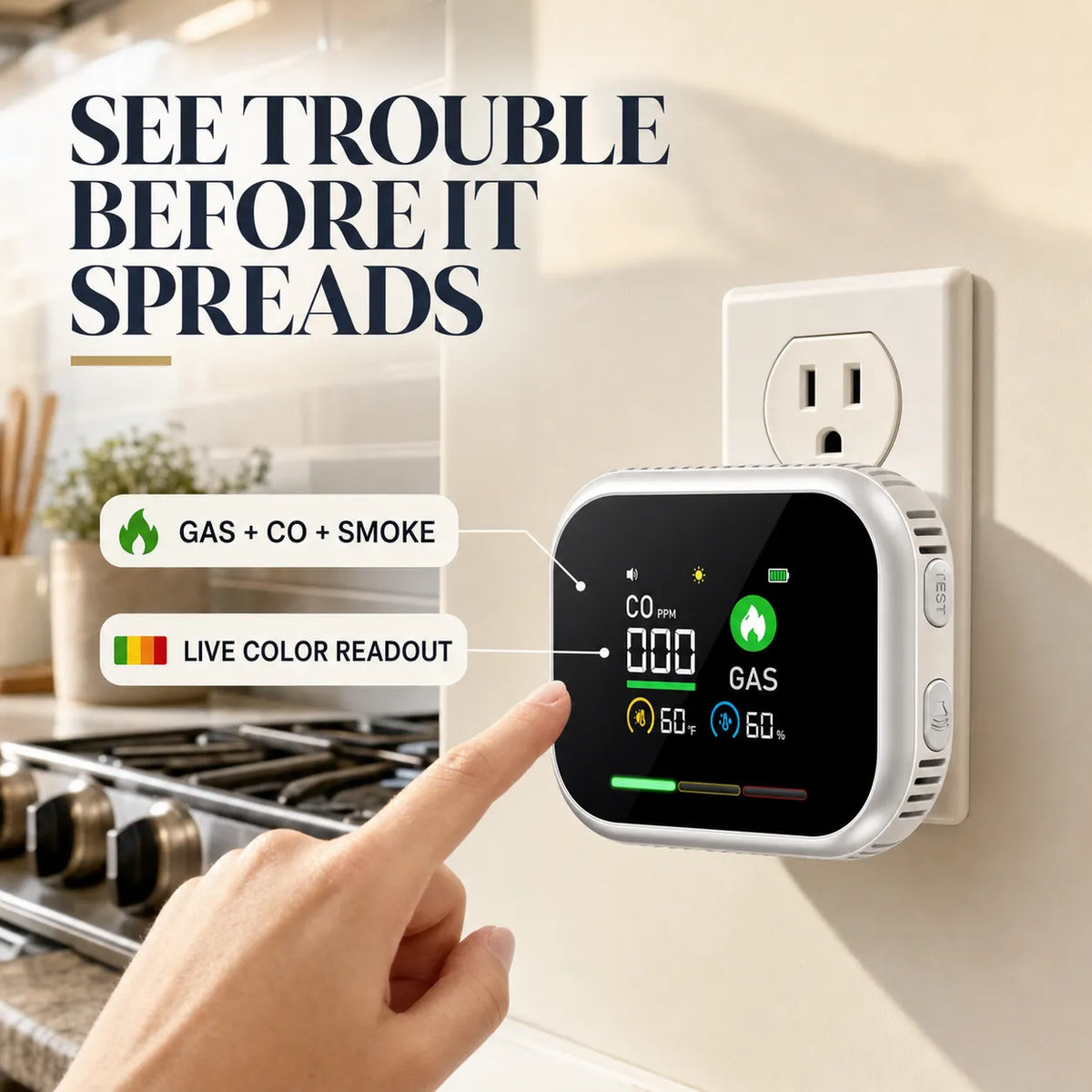 6-in-1 Plug-In Gas, CO & Smoke Safety Monitor