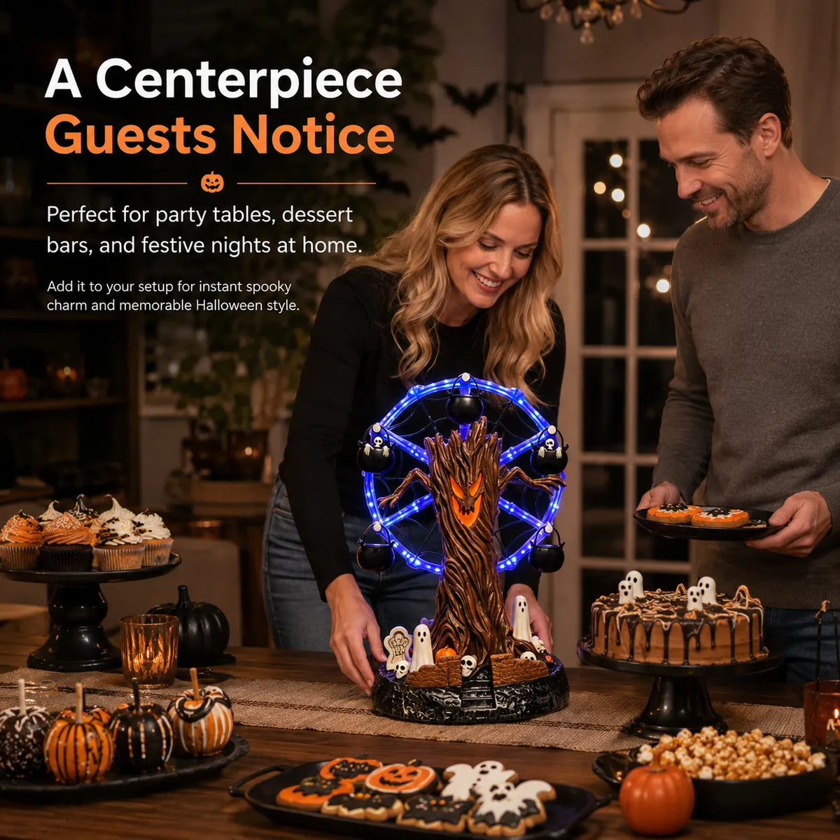 Halloween tree Ferris wheel centerpiece on a festive dessert table