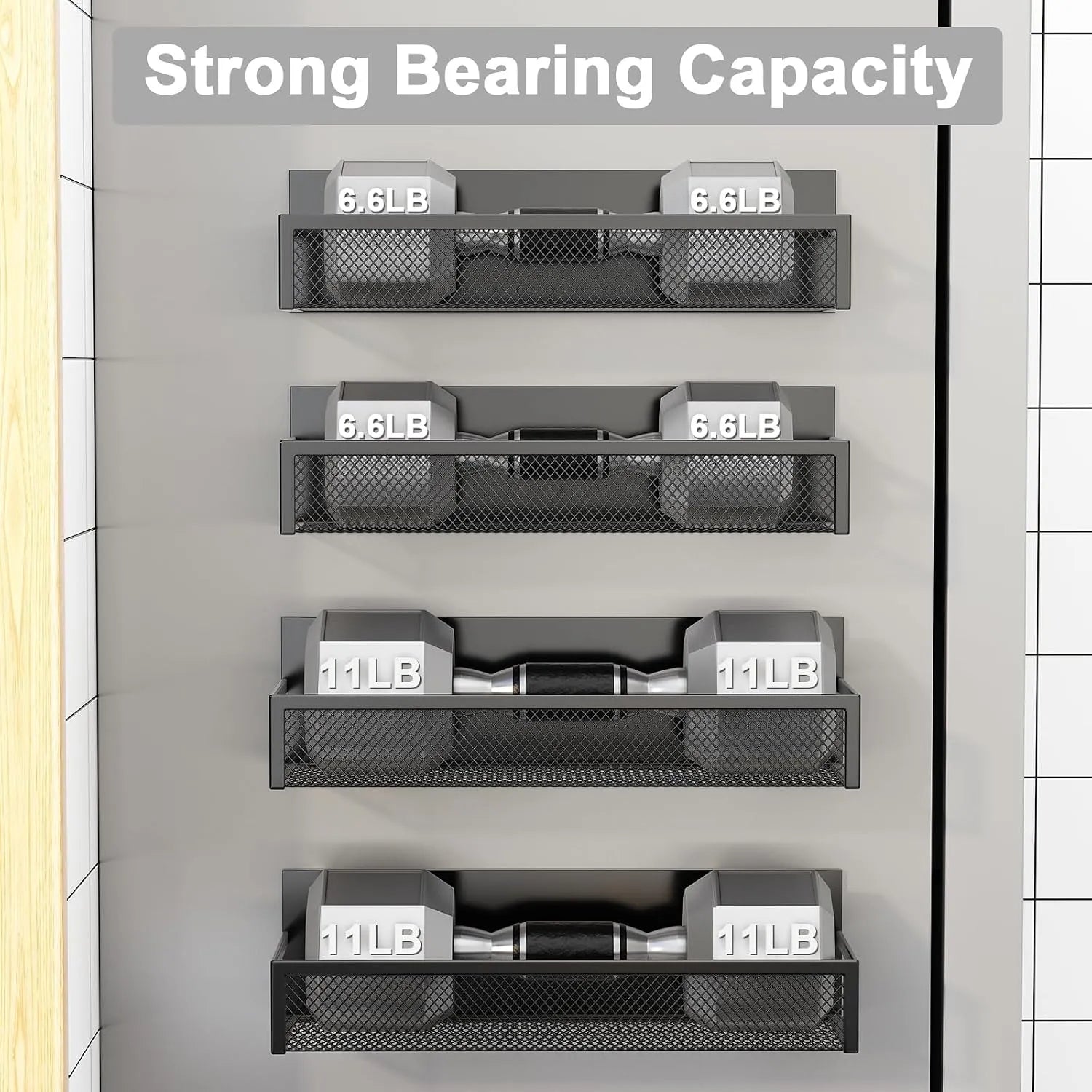 Black magnetic mesh racks holding weighted items