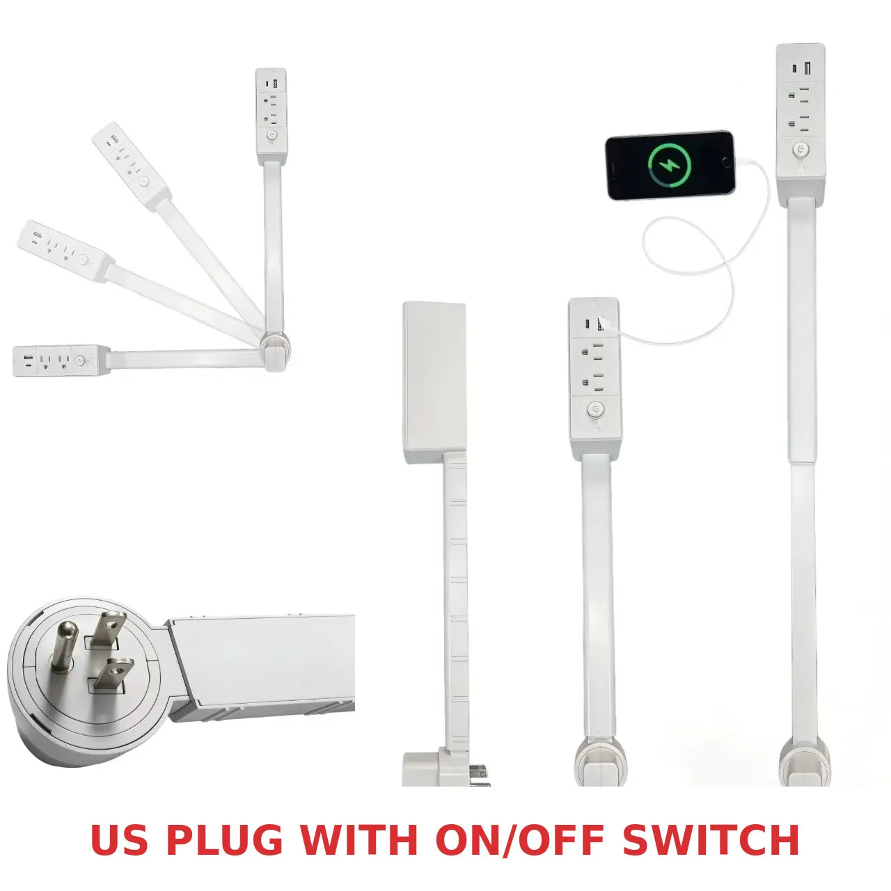 US plug outlet extender with on and off switch shown from multiple angles