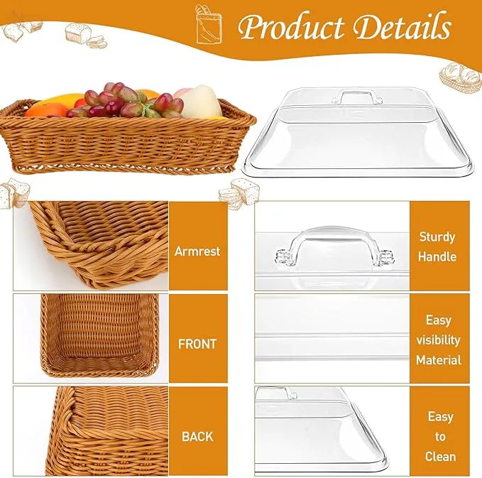 ✅ Large Handwoven Rattan-Style Bread Basket with Clear Acrylic Lid