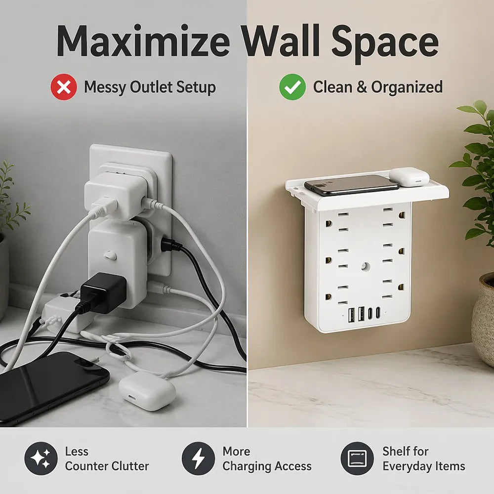 ⚡Multi-Functional Wall Outlet Extender with Shelf – 6 AC Outlets & 4 USB Charging Ports