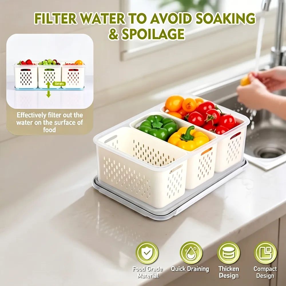 🥗 3-Compartment Refrigerator Crisper Container with Lid & Drain Basket