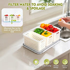 🥗 3-Compartment Refrigerator Crisper Container with Lid & Drain Basket