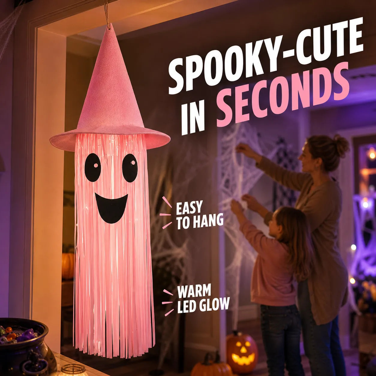 31.5-Inch Light-Up Tassel Ghost Witch Hat Halloween Decoration