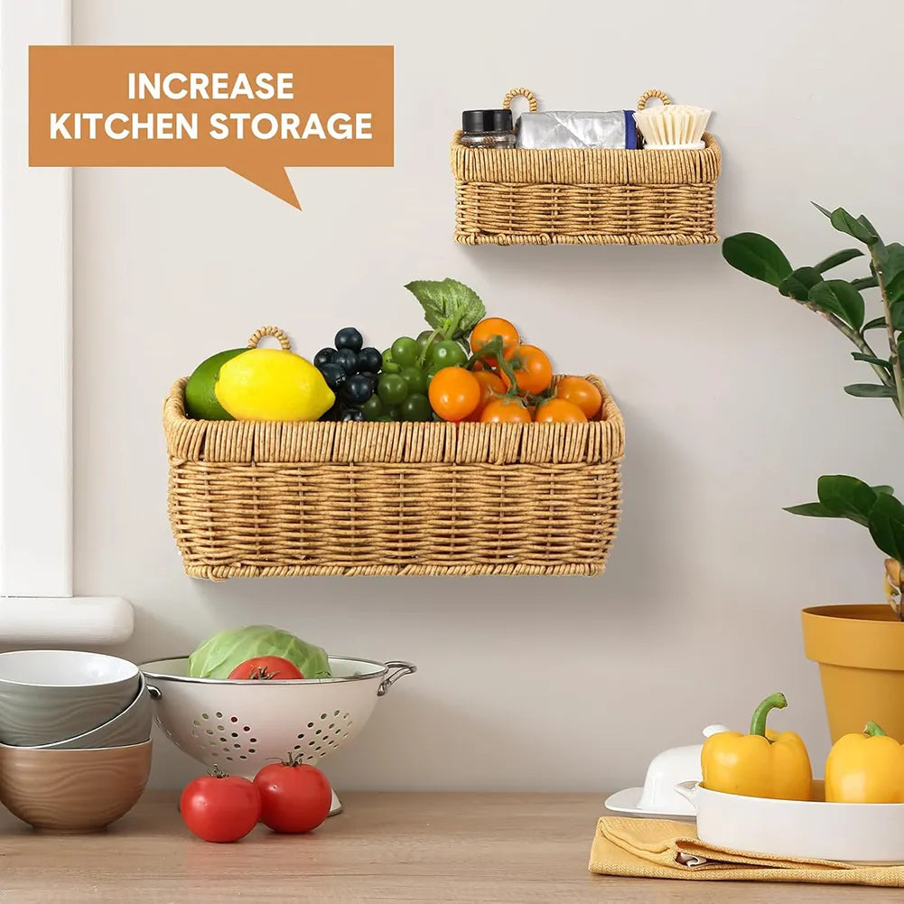 🌿 Bohemian Wall-Mounted Storage Basket – Imitation Rattan Design
