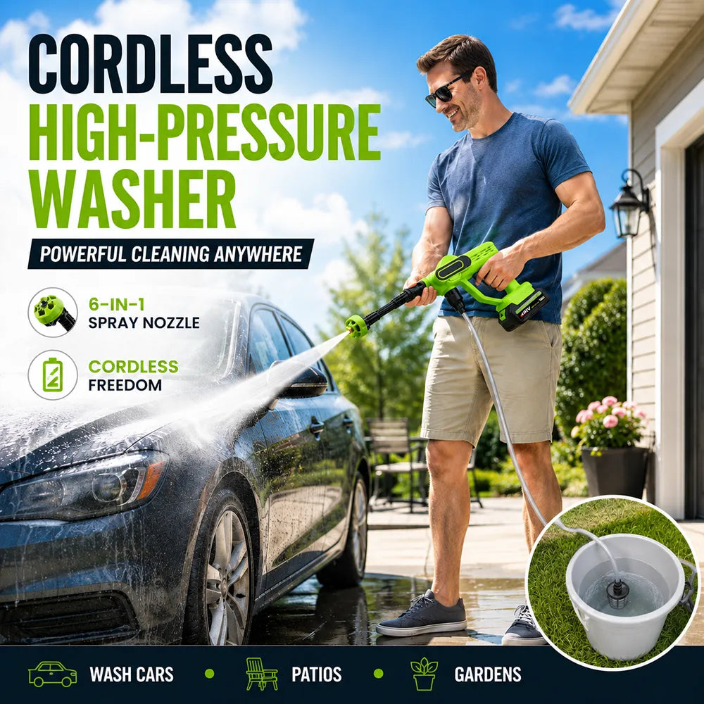 🚿Cordless High-Pressure Washer – Portable Battery-Powered Cleaner with 6-in-1 Nozzle