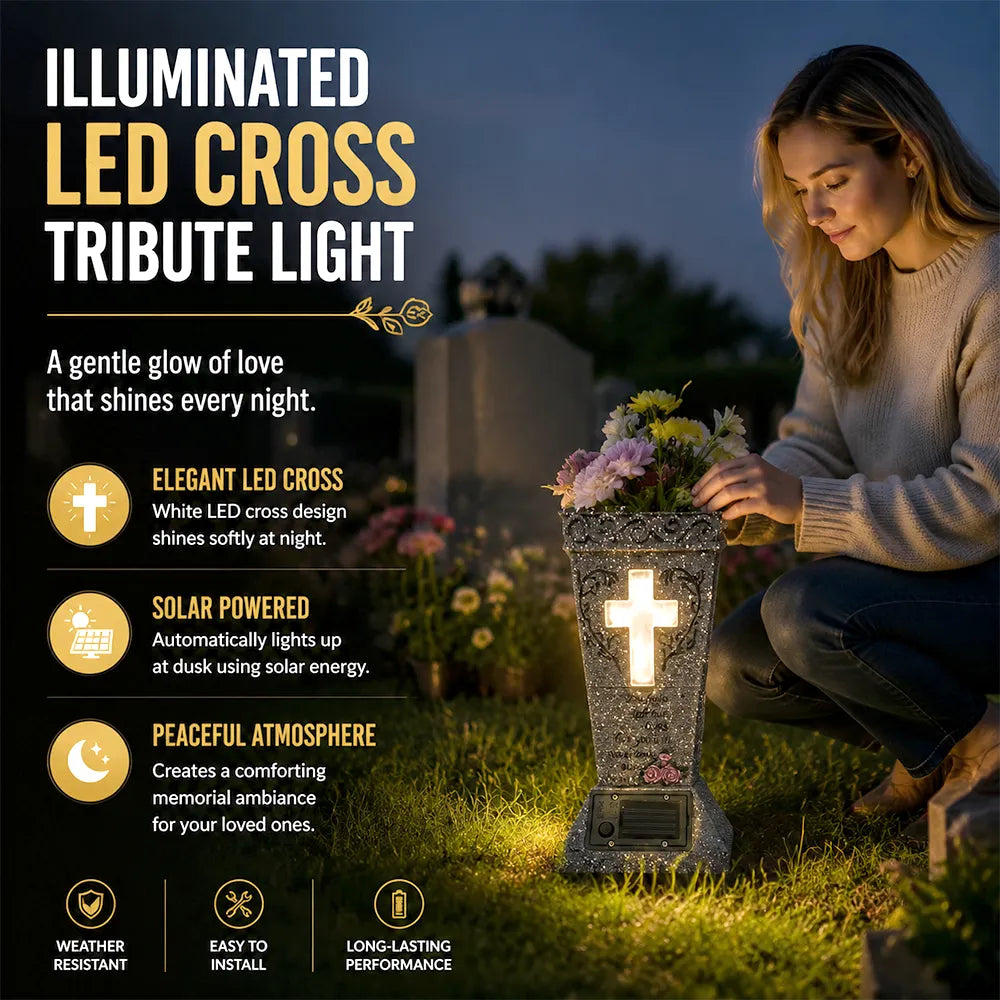 🕊️ Solar Cemetery Vase with LED Cross Light 🌿✨