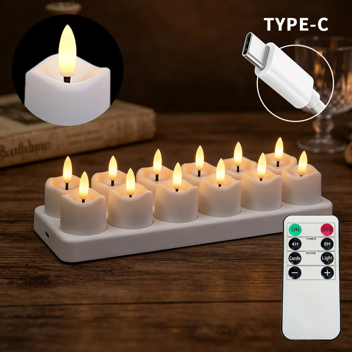 Rechargeable Flameless Candle Set with Charging Base & Remote