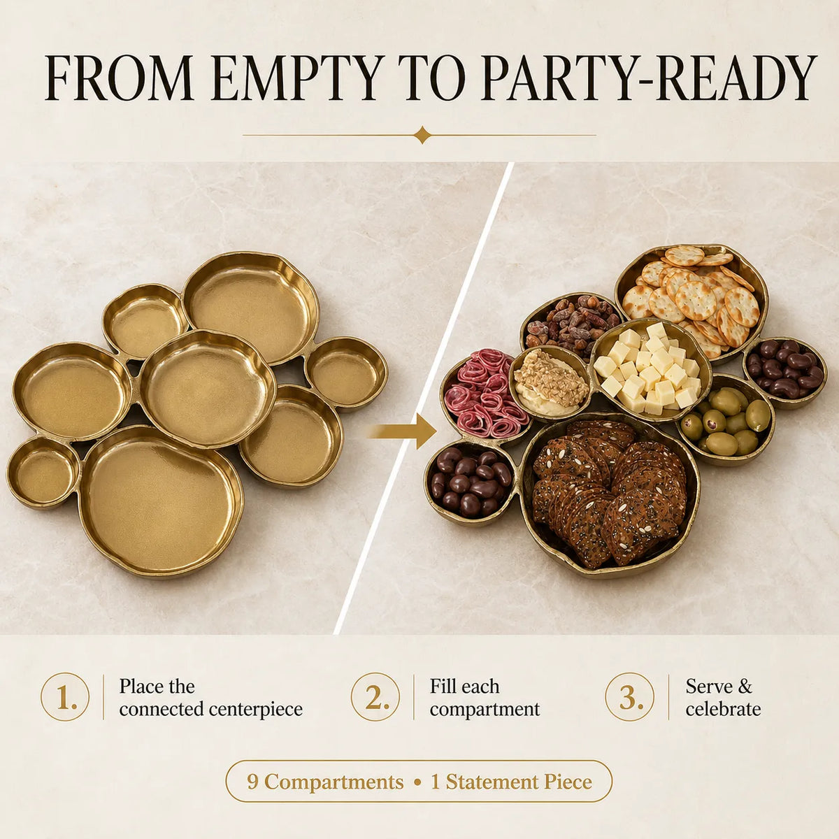 Gold 9-Compartment Connected Serving Centerpiece