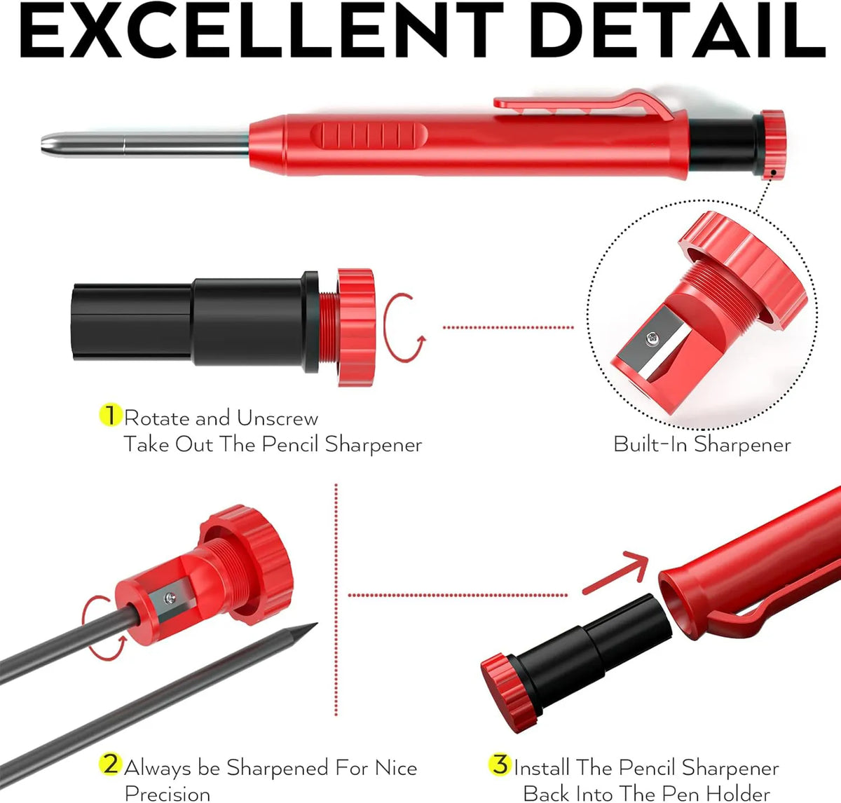 Heavy-Duty Carpenter Pencil with 21 Refill Leads & Built-In Sharpener – Ideal for Precision Marking in Woodworking, Metal, Concrete, and More