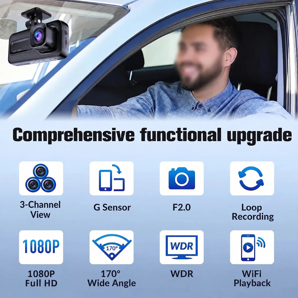 Three-Channel 1080P WiFi Dash Cam with Front, Cabin & Rear Recording
