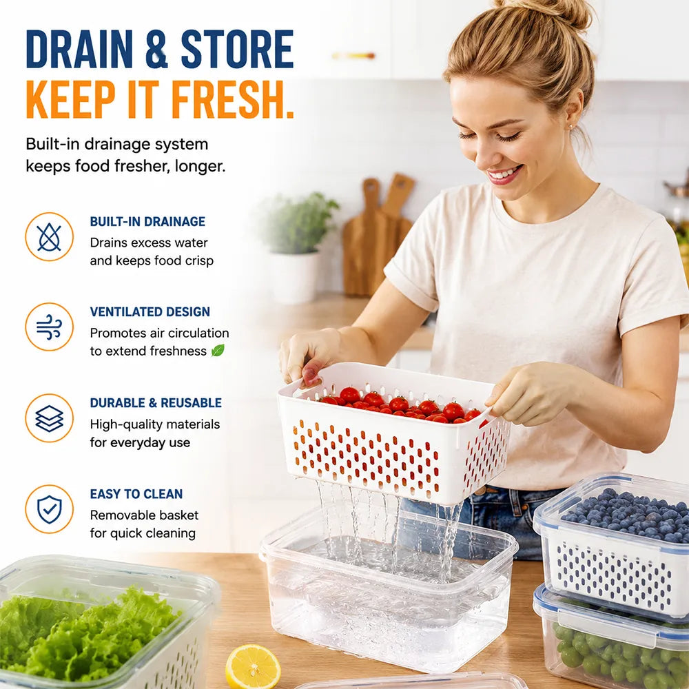 🥗 Refrigerator Draining Storage Basket – Fresh Food Organizer Box