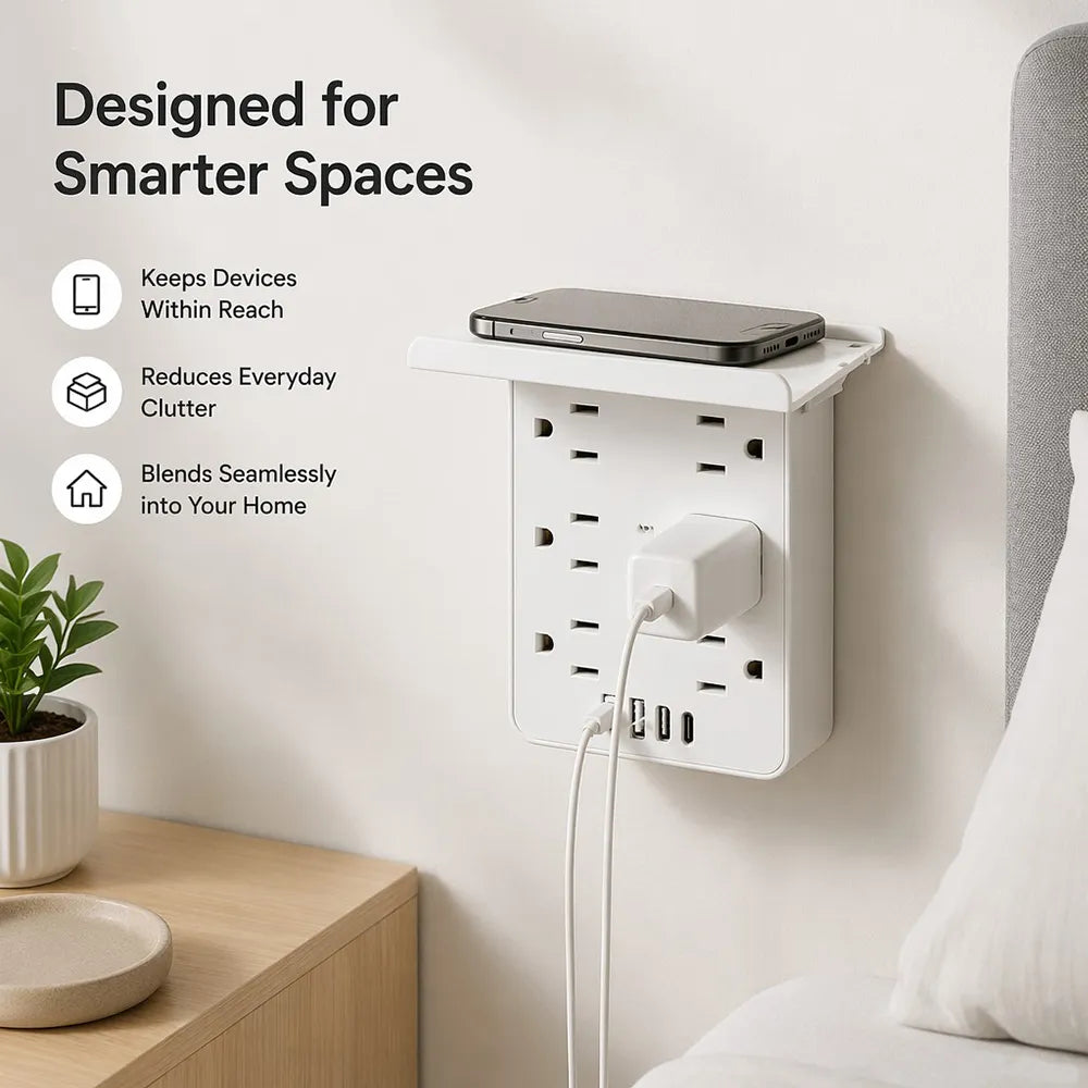 ⚡Multi-Functional Wall Outlet Extender with Shelf – 6 AC Outlets & 4 USB Charging Ports
