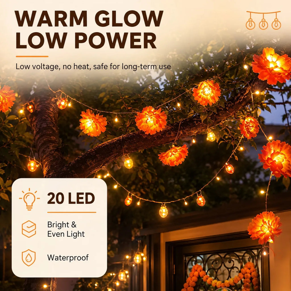 Lighted Marigold Flower String Lights - 10 ft, 20 Warm LEDs