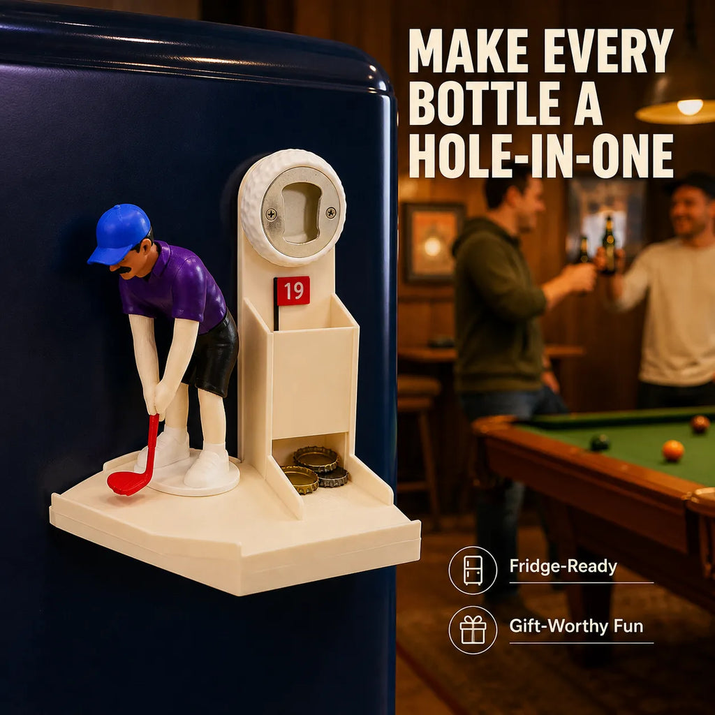Fridge-Mounted Golf Bottle Opener with Cap Catcher