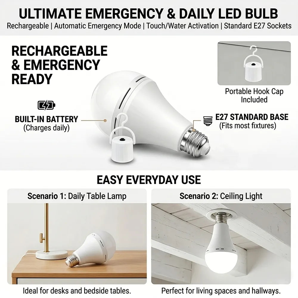 💡🔋Rechargeable Emergency Light Bulb with Backup Power