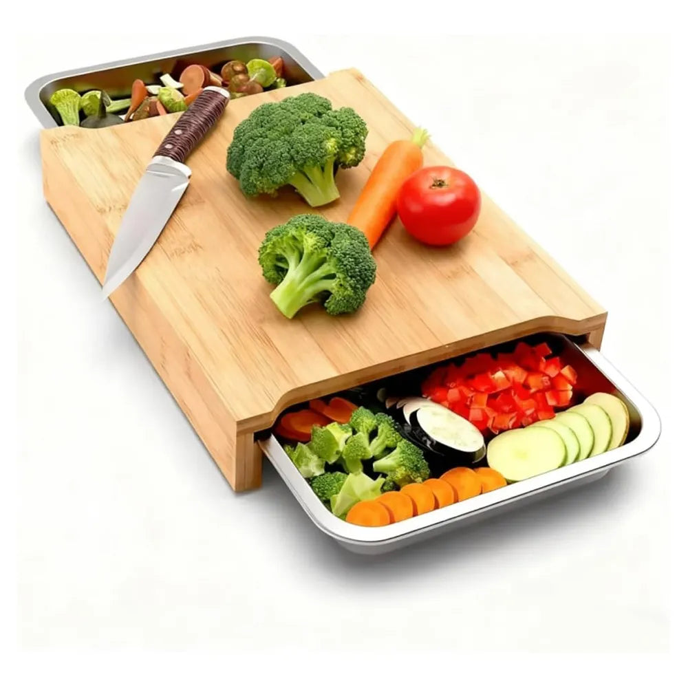 🌿 Organic Bamboo Cutting Board with Sliding Drawers