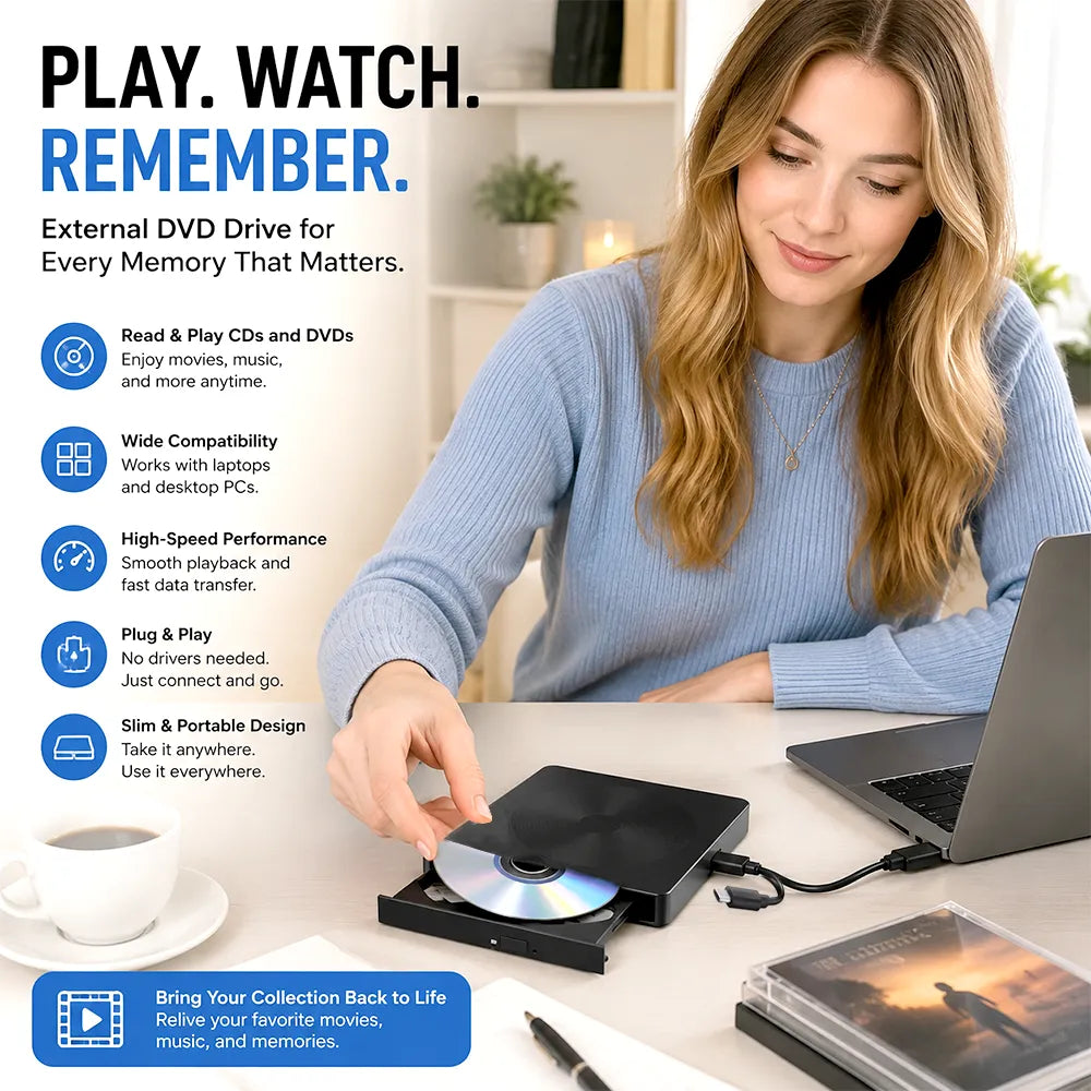 💿 External CD/DVD Drive – USB 3.0 & Type-C Portable Disc Reader/Burner