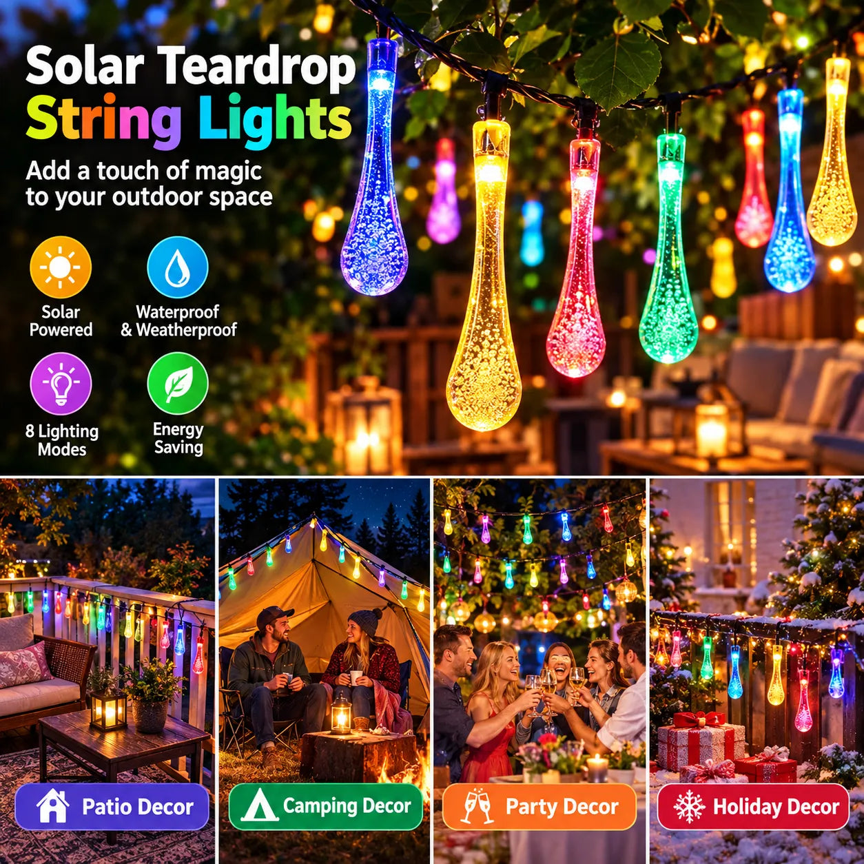 Solar Teardrop Bubble String Lights - 16.4 ft, 20 Multicolor Lights