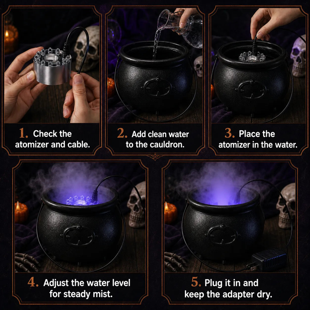 Halloween Witch Cauldron Fog Maker with Color-Changing LED Mist