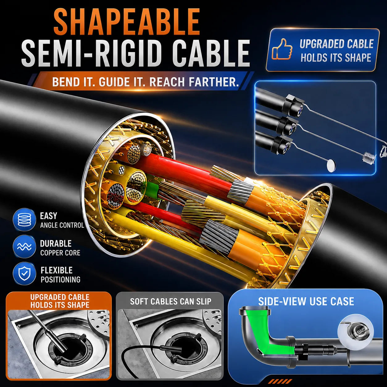 Shapeable semi-rigid inspection cable construction and use
