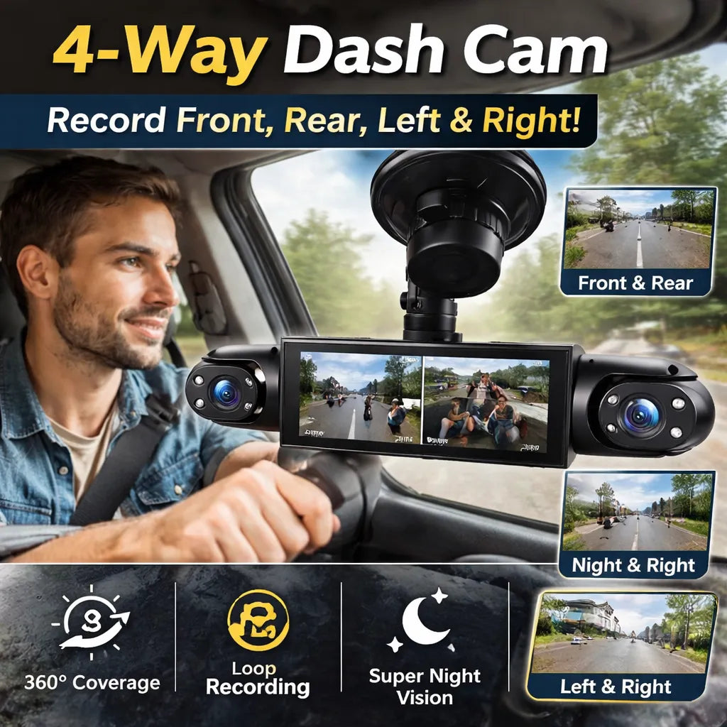 🚗4-Channel 1080P Dash Camera with Front, Rear, Left & Right Recording