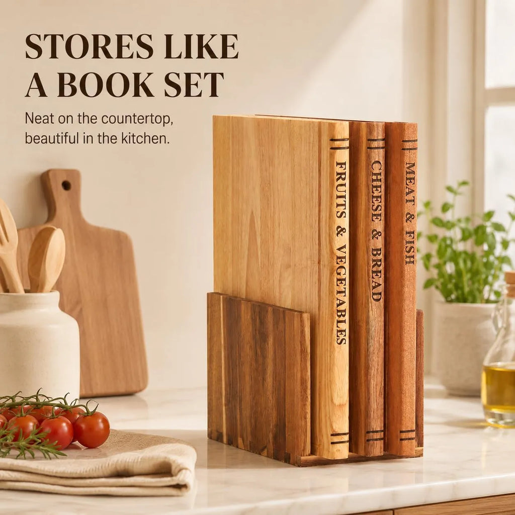 Book-Style Solid Wood Cutting Board Set with Stand