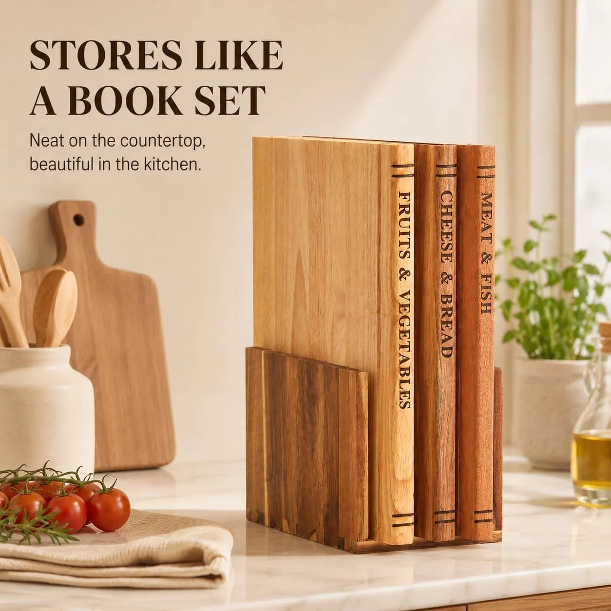 Book-Style Solid Wood Cutting Board Set with Stand