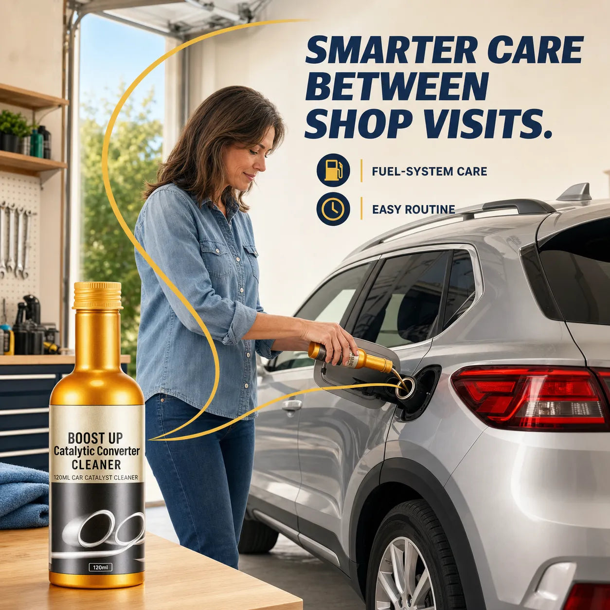 Driver using the cleaner during routine car care at home