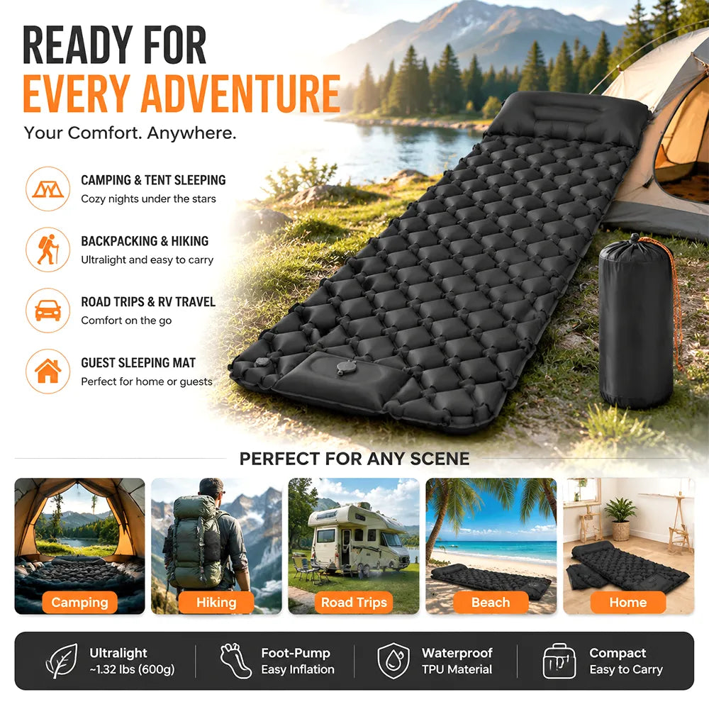 🏕️ Ultralight Self-Inflating Camping Sleeping Pad – Built-in Pump & Pillow