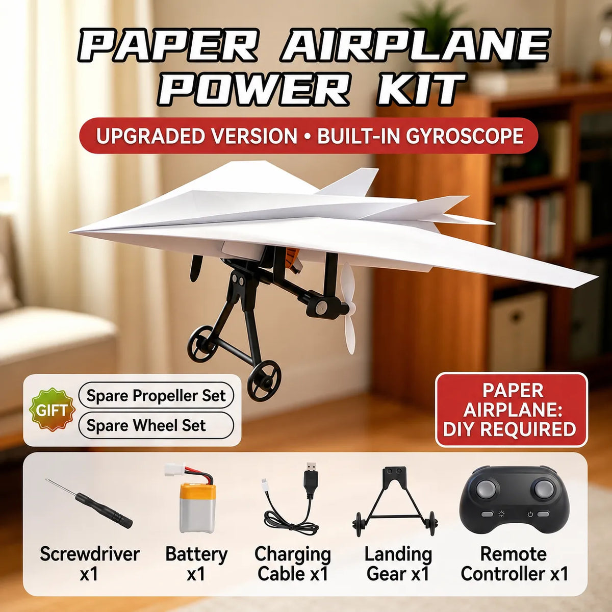 DIY RC Paper Airplane Power Kit with Gyro-Stabilized Remote Control