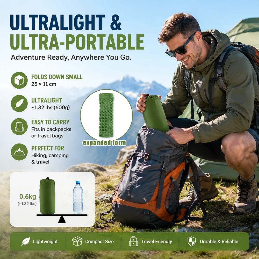 🏕️ Ultralight Self-Inflating Camping Sleeping Pad – Built-in Pump & Pillow