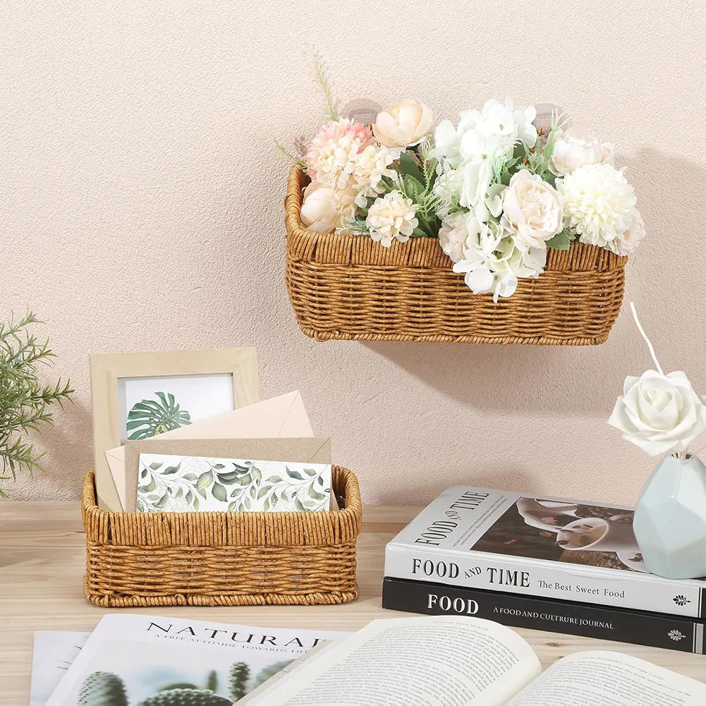 🌿 Bohemian Wall-Mounted Storage Basket – Imitation Rattan Design