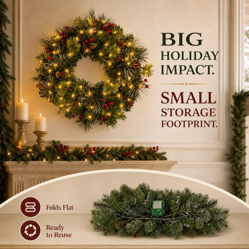 Foldable Pre-Lit Christmas Wreath with 200 Warm-White LEDs