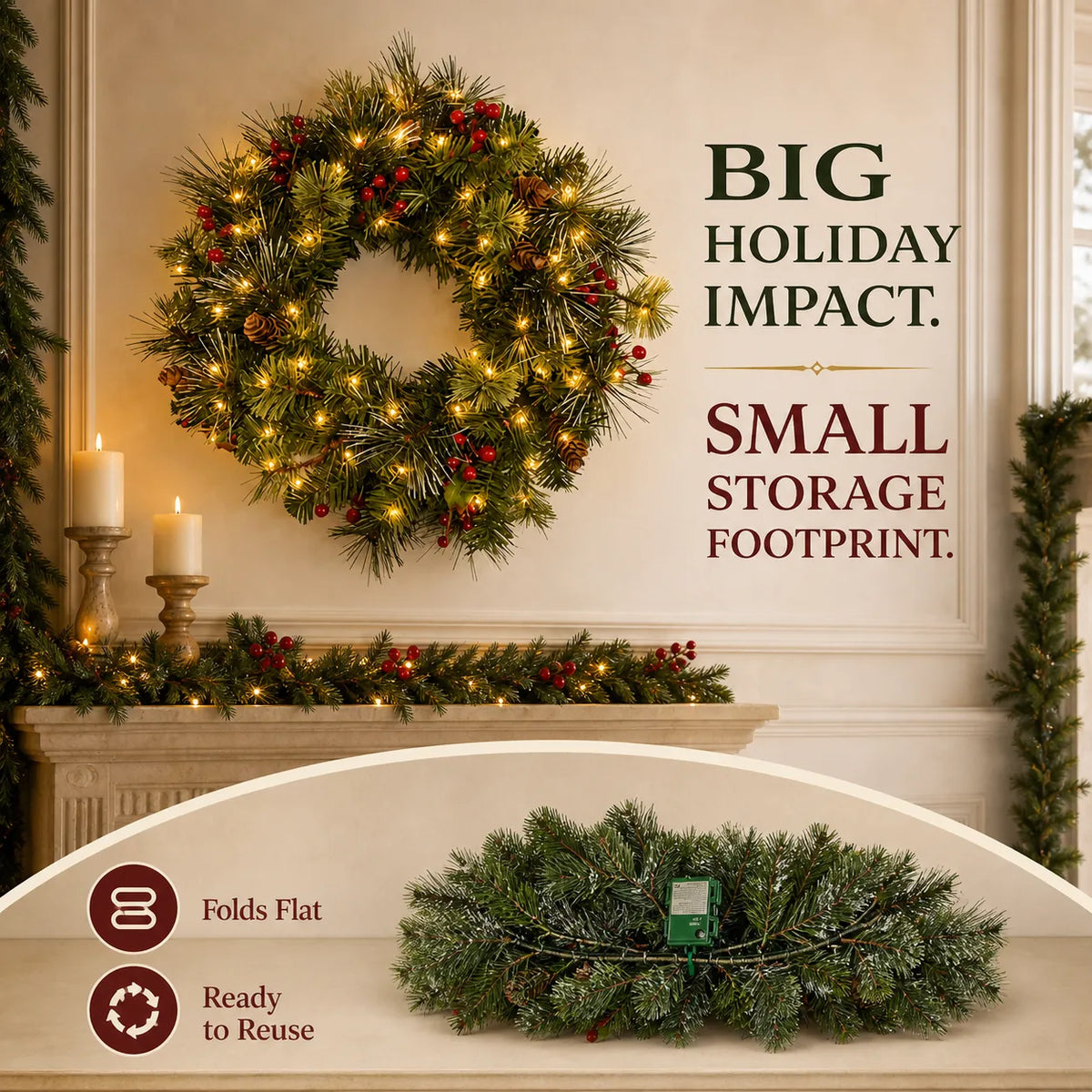 Wreath shown full and folded for storage