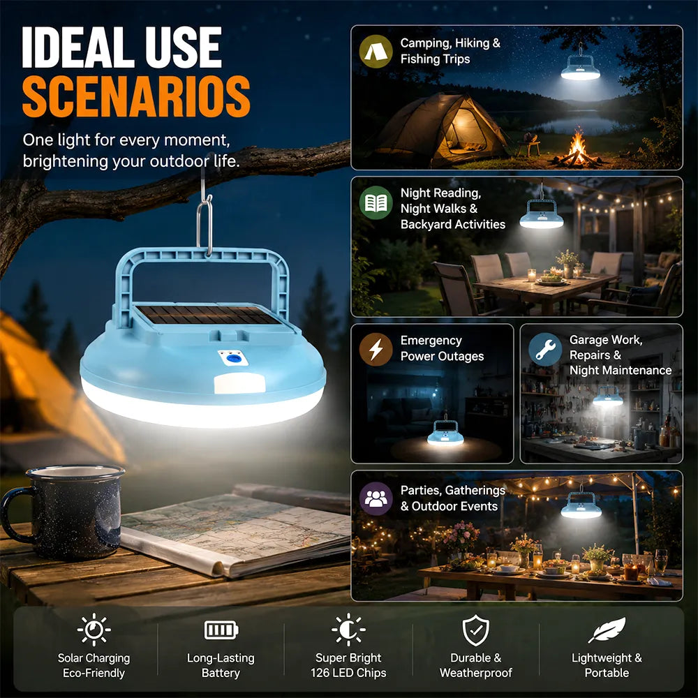 ☀️ Solar-Powered Camping Light – 126 LED Rechargeable Tent Light（Equipped with battery）