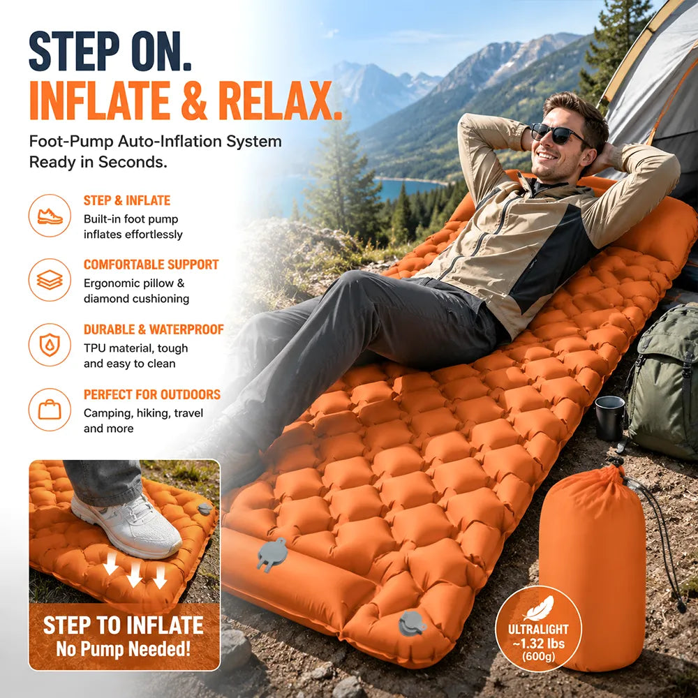 🏕️ Ultralight Self-Inflating Camping Sleeping Pad – Built-in Pump & Pillow