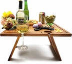 🍷 Portable Bamboo Picnic Table with Wine Glass Holders