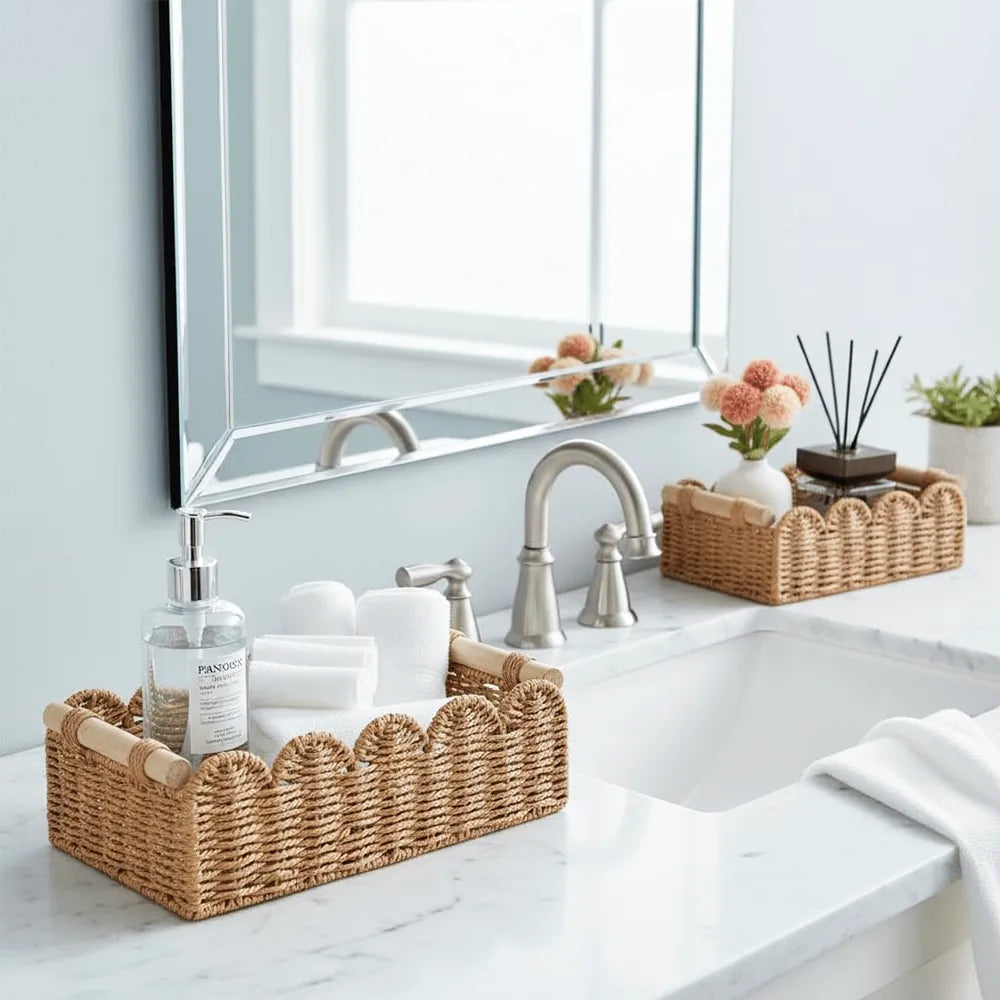 🌿Scalloped Wicker Storage Basket Set – Decorative Toilet Paper & Shelf Organizer