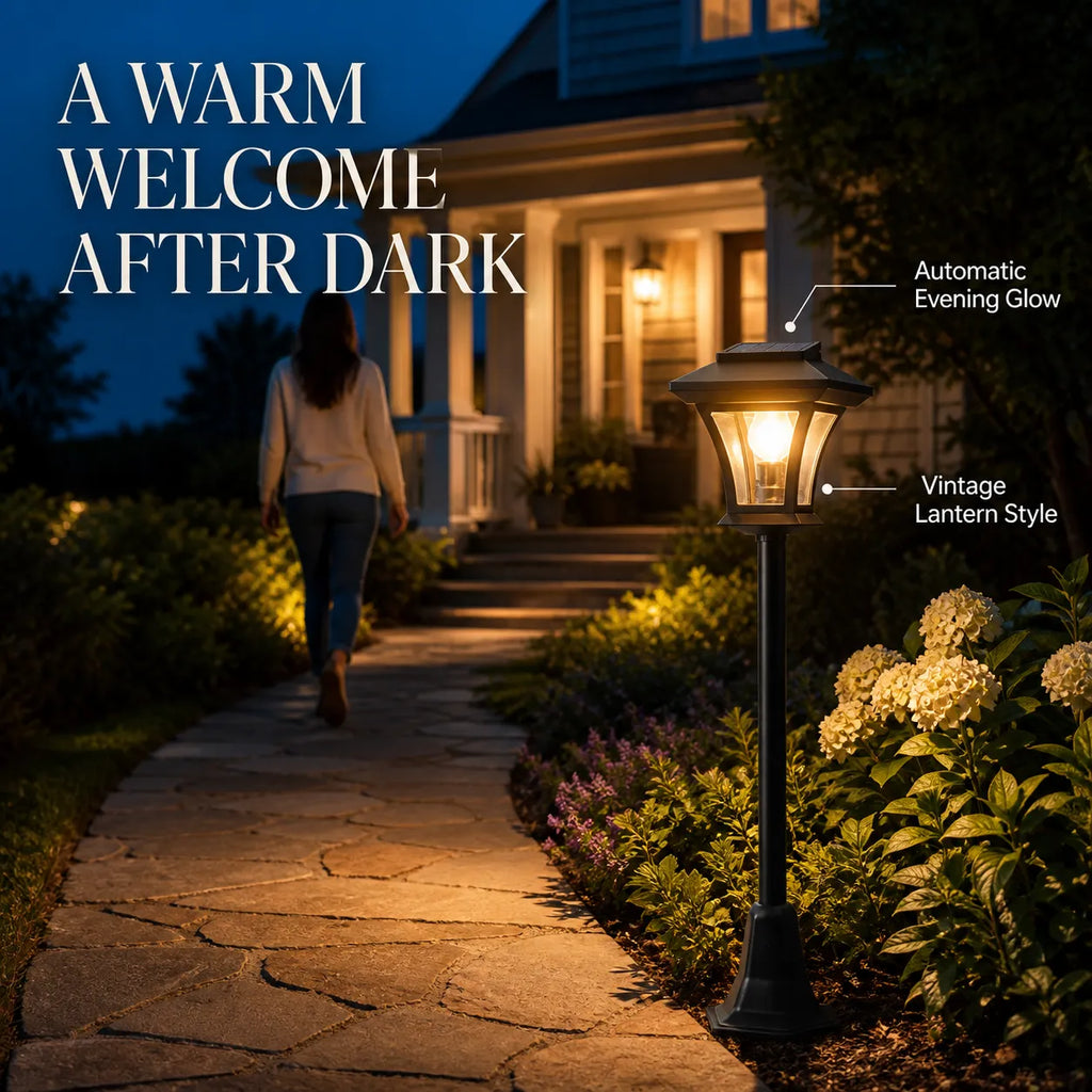 Vintage Solar Courtyard Post Lamp — Warm Ground-Stake Path Light