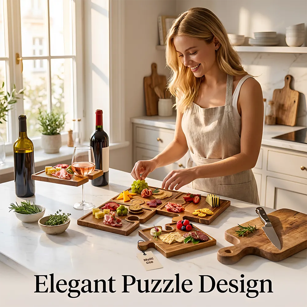 🧩 Acacia Wood Puzzle Charcuterie Board Set