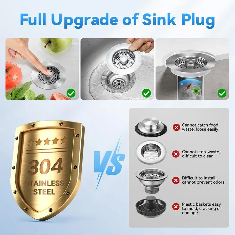 3-in-1 Kitchen Sink Drain Strainer,Stainless Steel Sink Plug, Deodorizing Anti-ClogBasket Strainer for US Standard 3-1/2 Inch Drains