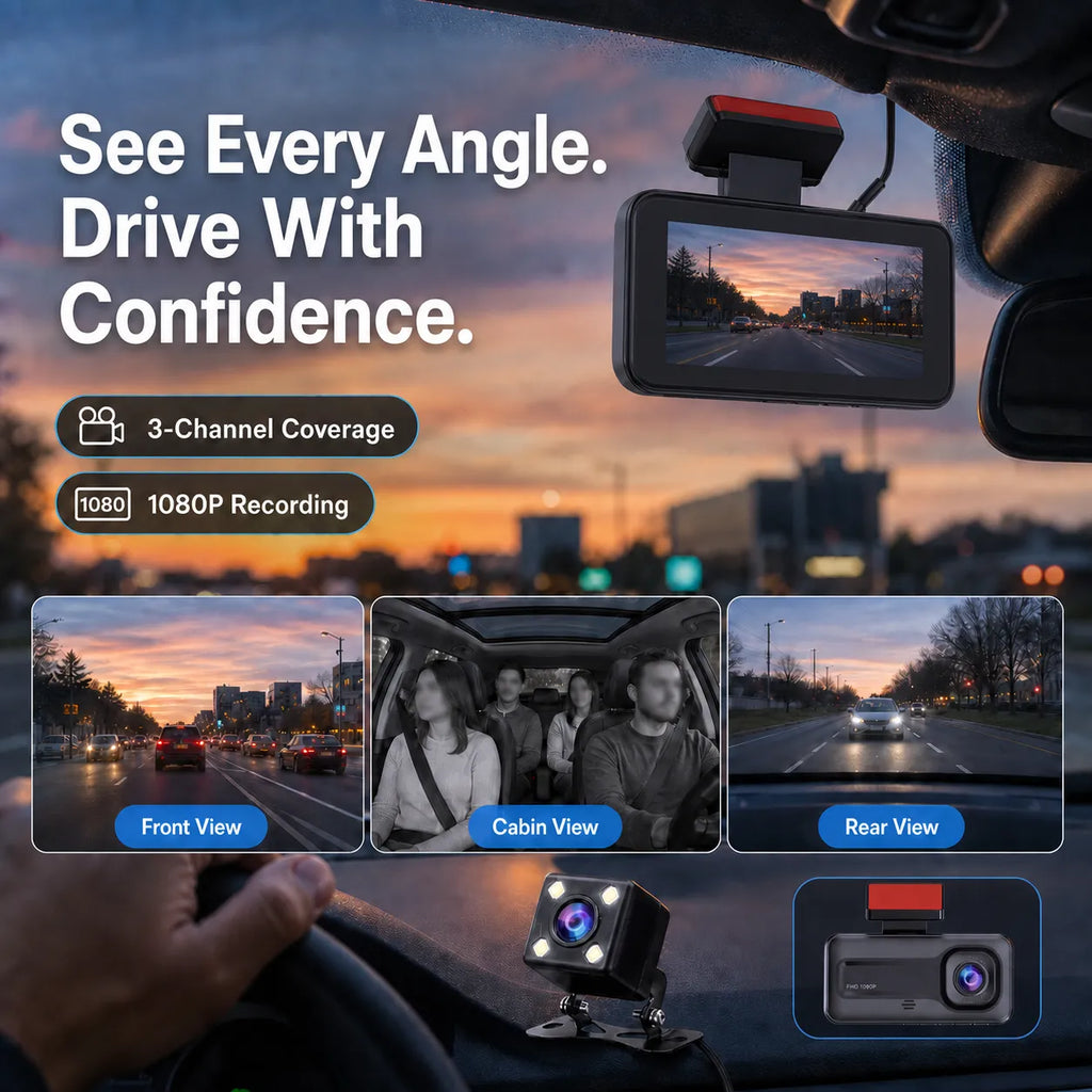 Three-Channel 1080P WiFi Dash Cam with Front, Cabin & Rear Recording