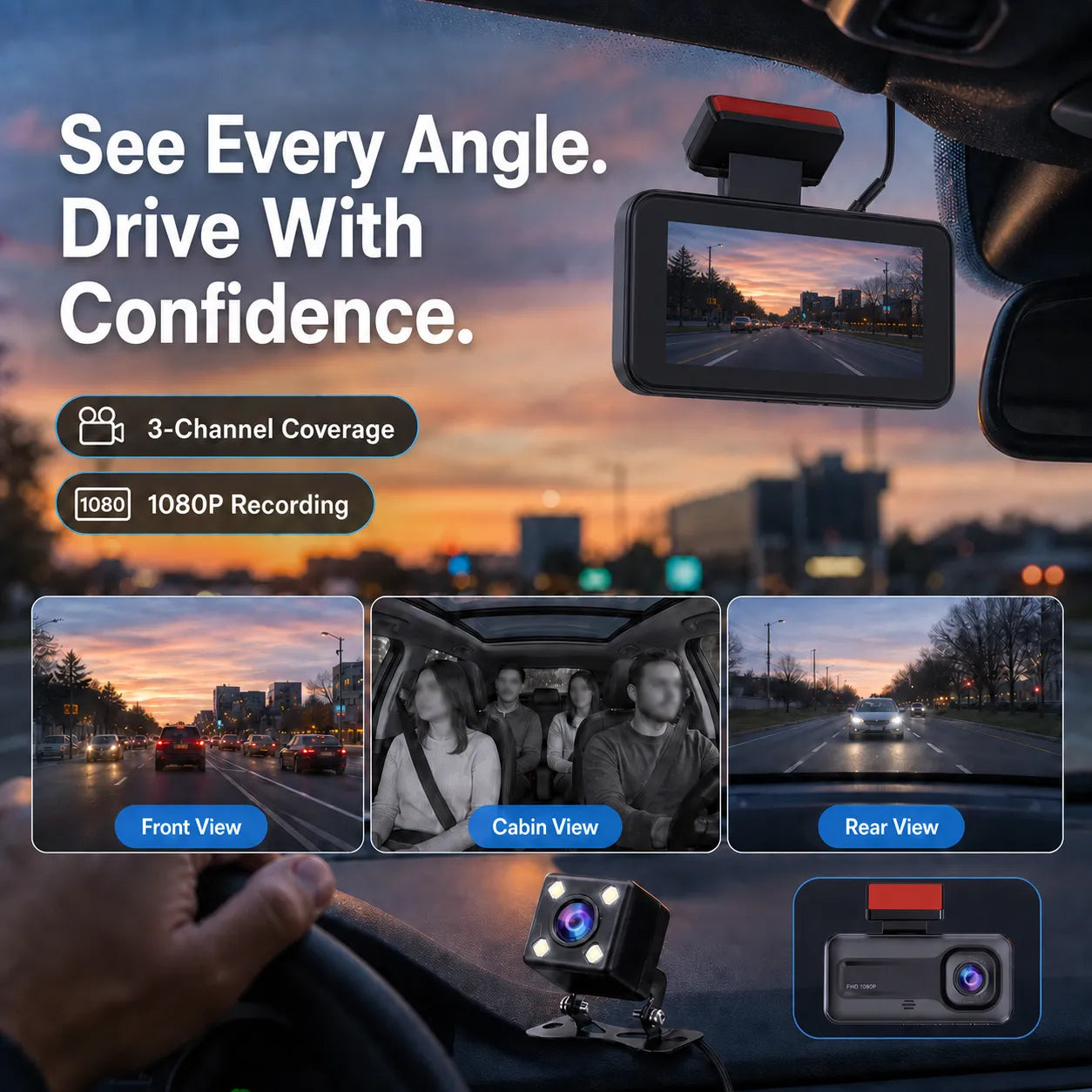 Three-Channel 1080P WiFi Dash Cam with Front, Cabin & Rear Recording