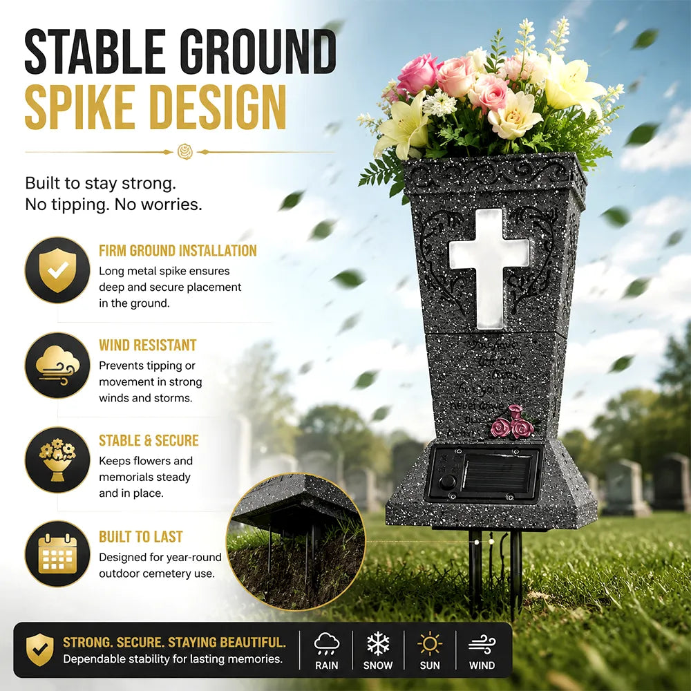 🕊️ Solar Cemetery Vase with LED Cross Light 🌿✨